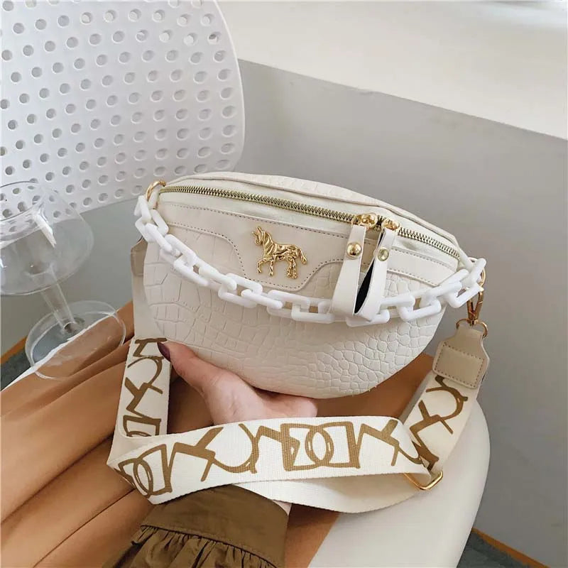 Women Casual Waist Bag Pu Leather Zipper Pouch High Wide Strap Crossbody Bags