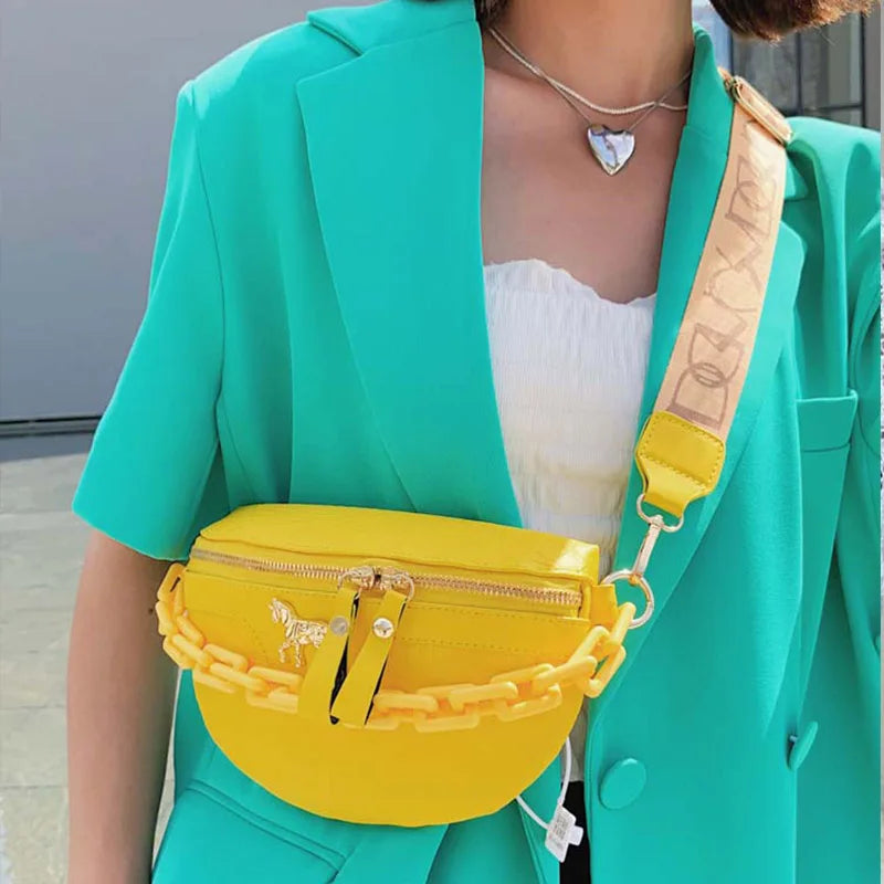 Women Casual Waist Bag Pu Leather Zipper Pouch High Wide Strap Crossbody Bags