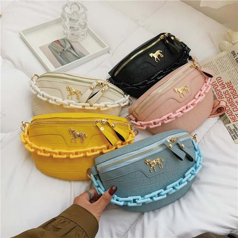 Women Casual Waist Bag Pu Leather Zipper Pouch High Wide Strap Crossbody Bags