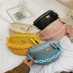 Women Casual Waist Bag Pu Leather Zipper Pouch High Wide Strap Crossbody Bags