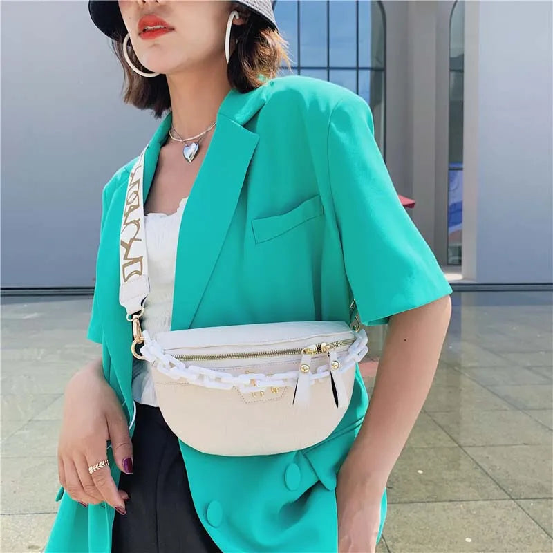 Women Casual Waist Bag Pu Leather Zipper Pouch High Wide Strap Crossbody Bags