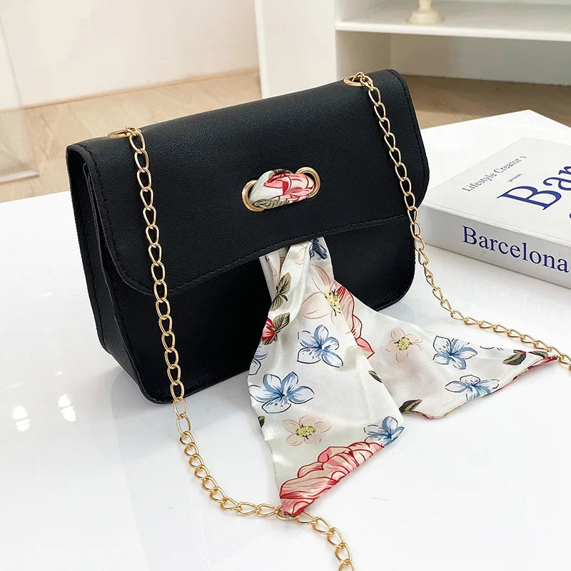 Women Chain Small Shoulder Bags Pu Leather Silk Scarf Crossbody Bags
