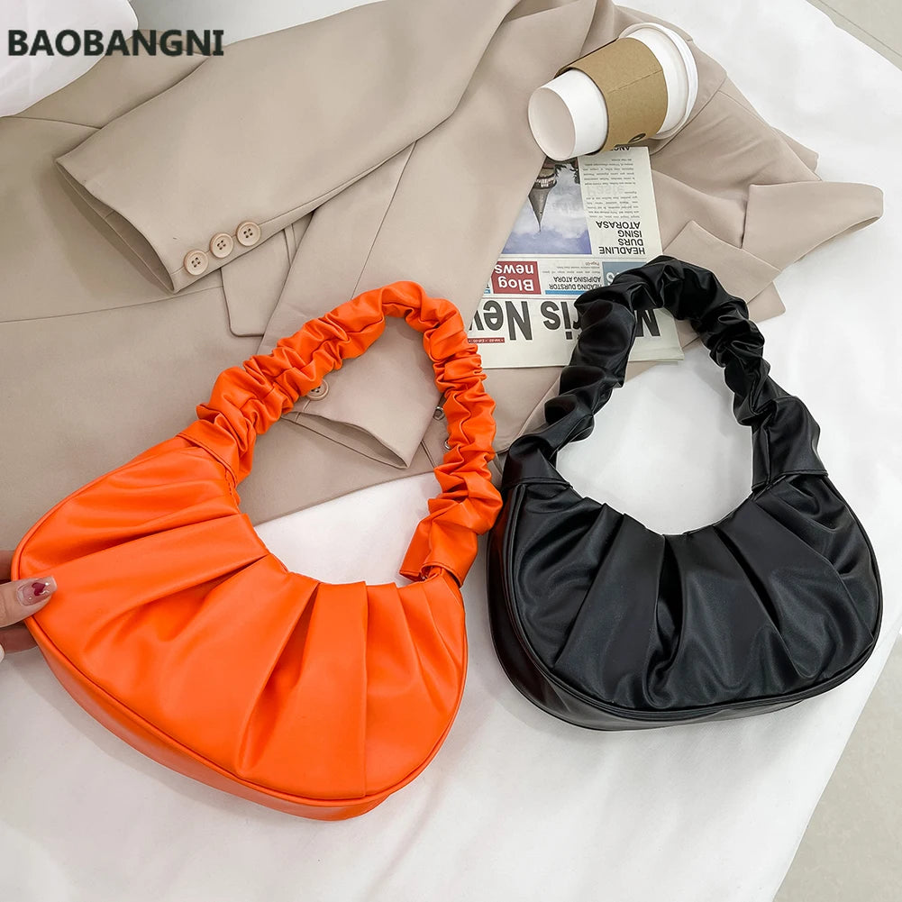 Women Cloud Handbag Solid Soft PU Leather Pleated Underarm Bags