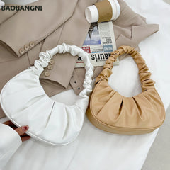 Women Cloud Handbag Solid Soft PU Leather Pleated Underarm Bags