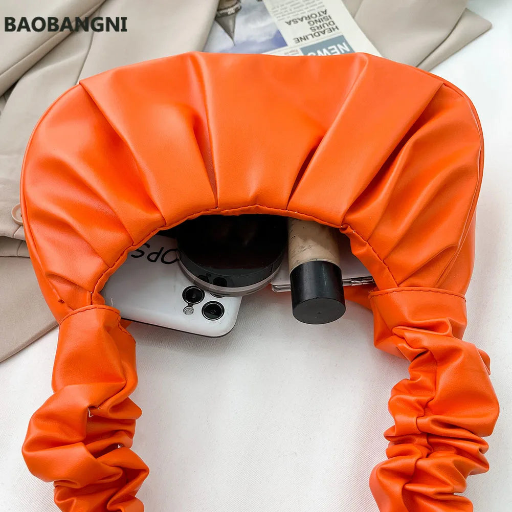 Women Cloud Handbag Solid Soft PU Leather Pleated Underarm Bags