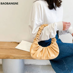 Women Cloud Handbag Solid Soft PU Leather Pleated Underarm Bags