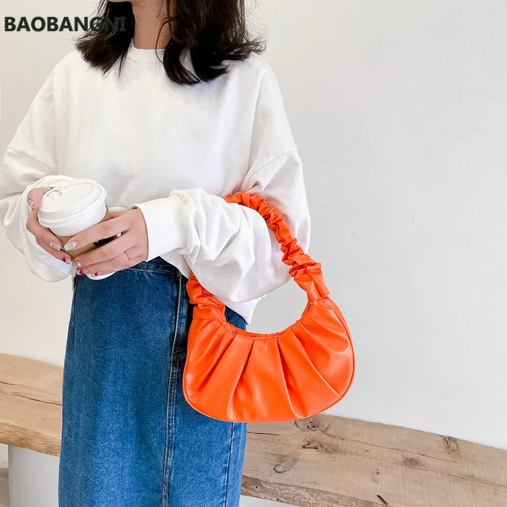 Women Cloud Handbag Solid Soft PU Leather Pleated Underarm Bags