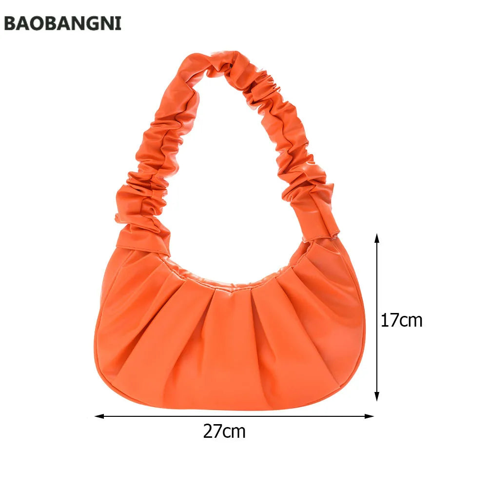 Women Cloud Handbag Solid Soft PU Leather Pleated Underarm Bags