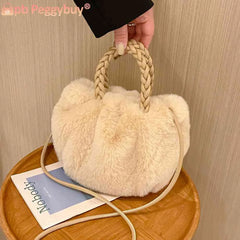 Plush Crossbody Handbag Woven Handle Soft Solid Winter Purse