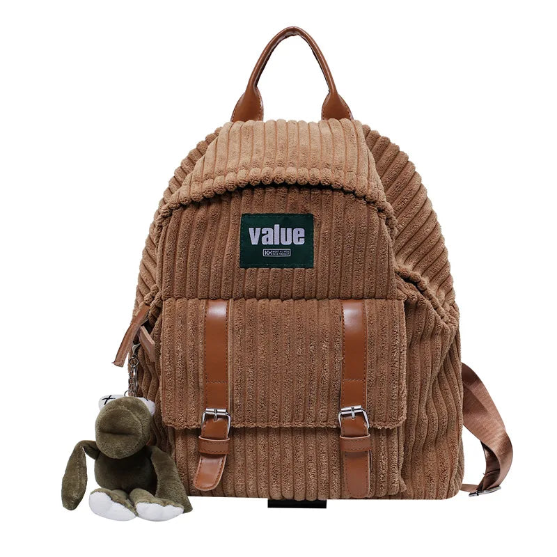 Women Corduroy Backpack Striped Soft Cloth Bags Leather Strap School Bookbag