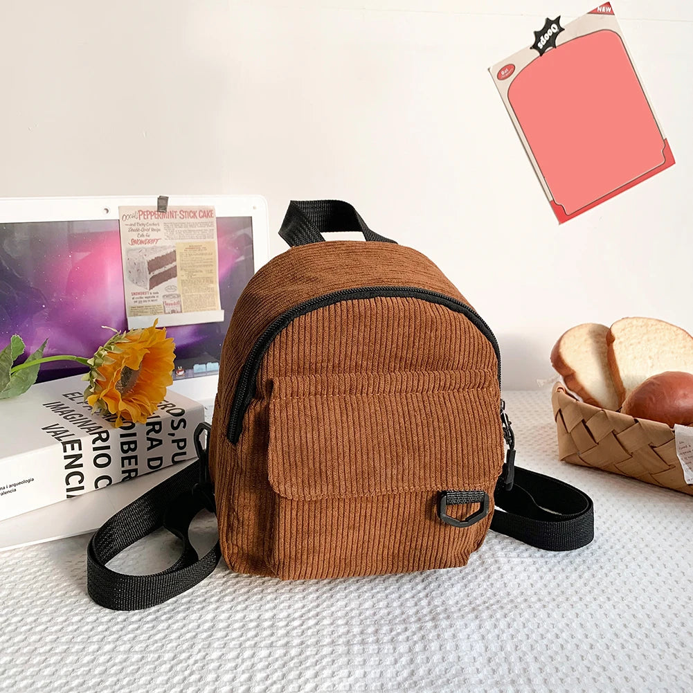 Corduroy Backpack Teen Girl Small School Bag College Mini Knapsack Lady Back Pac