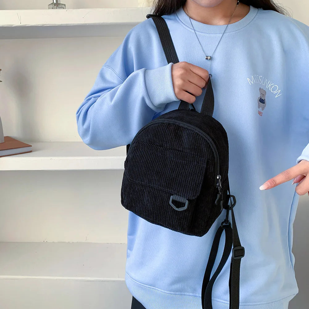 Corduroy Backpack Teen Girl Small School Bag College Mini Knapsack Lady Back Pac