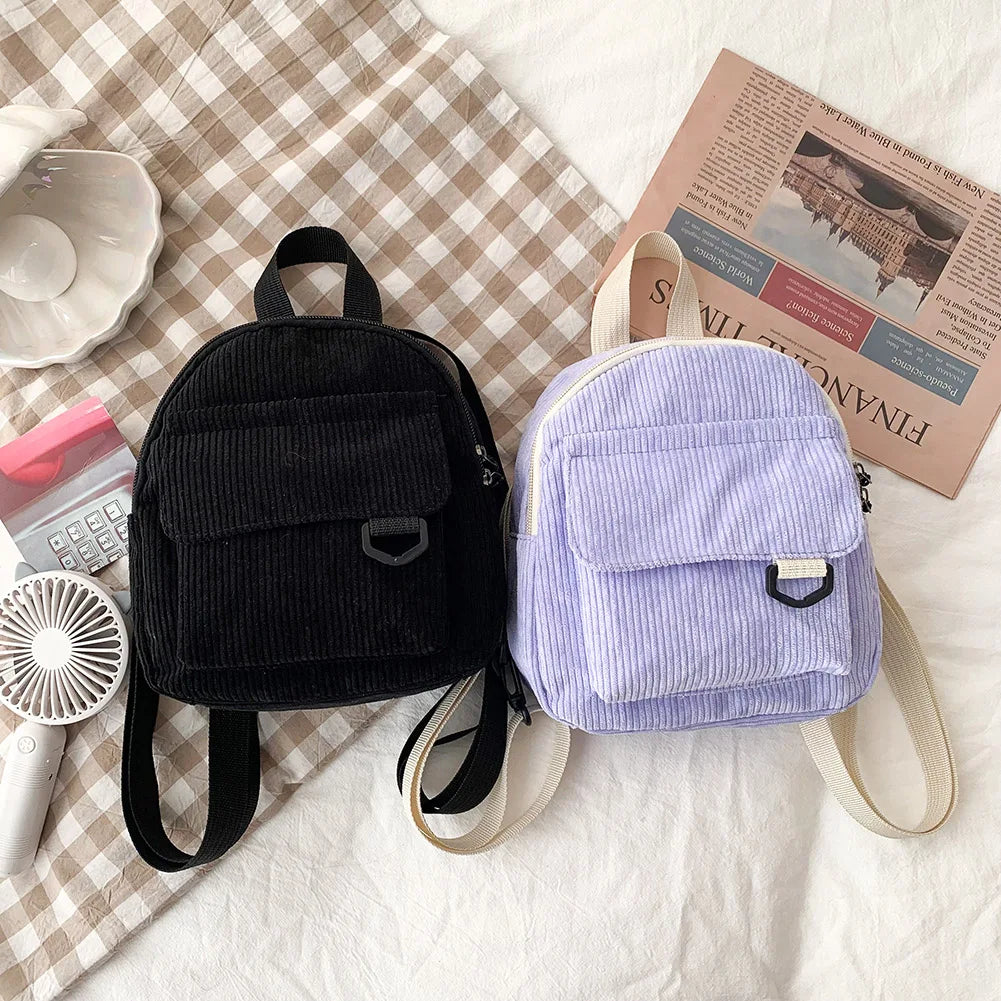 Corduroy Backpack Teen Girl Small School Bag College Mini Knapsack Lady Back Pac