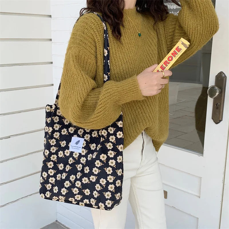 Women Corduroy Shoulder Bag Soft Reusable Shopping Bag Ladies Large Capacity