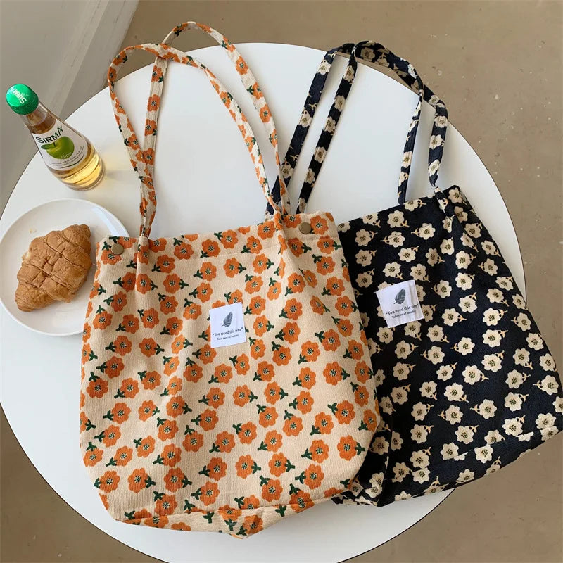 Women Corduroy Shoulder Bag Soft Reusable Shopping Bag Ladies Large Capacity