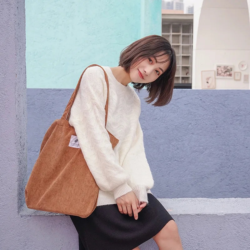 Women Corduroy Canvas Tote Handbag Female Shoulder Bags