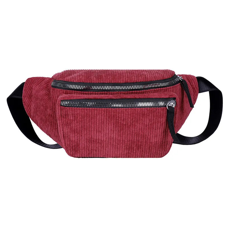 Women Corduroy Large Waist Bag Causal Zipper Chest Bag Warm Canvas Fanny Pack