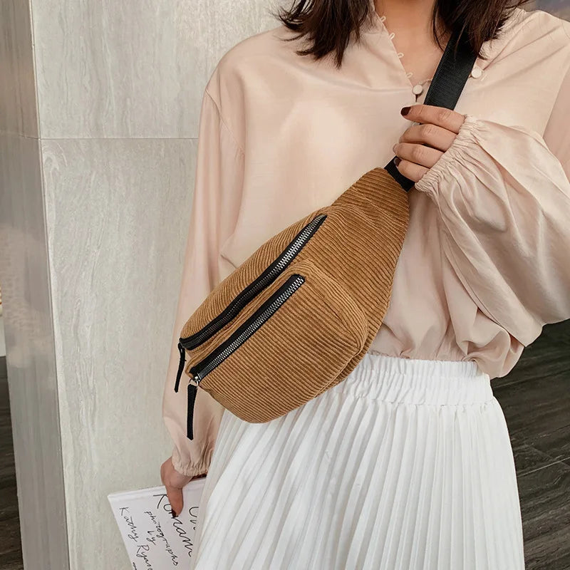 Women Corduroy Large Waist Bag Causal Zipper Chest Bag Warm Canvas Fanny Pack