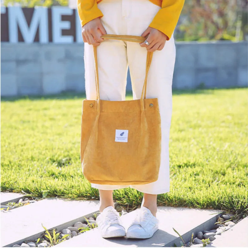 Women Corduroy Shopping Bag Canvas Shoulder Handbag Foldable Eco Tote