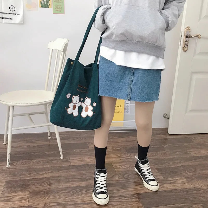 Women Corduroy Shoulder Bag Lucky Bears Embroidery Handbag