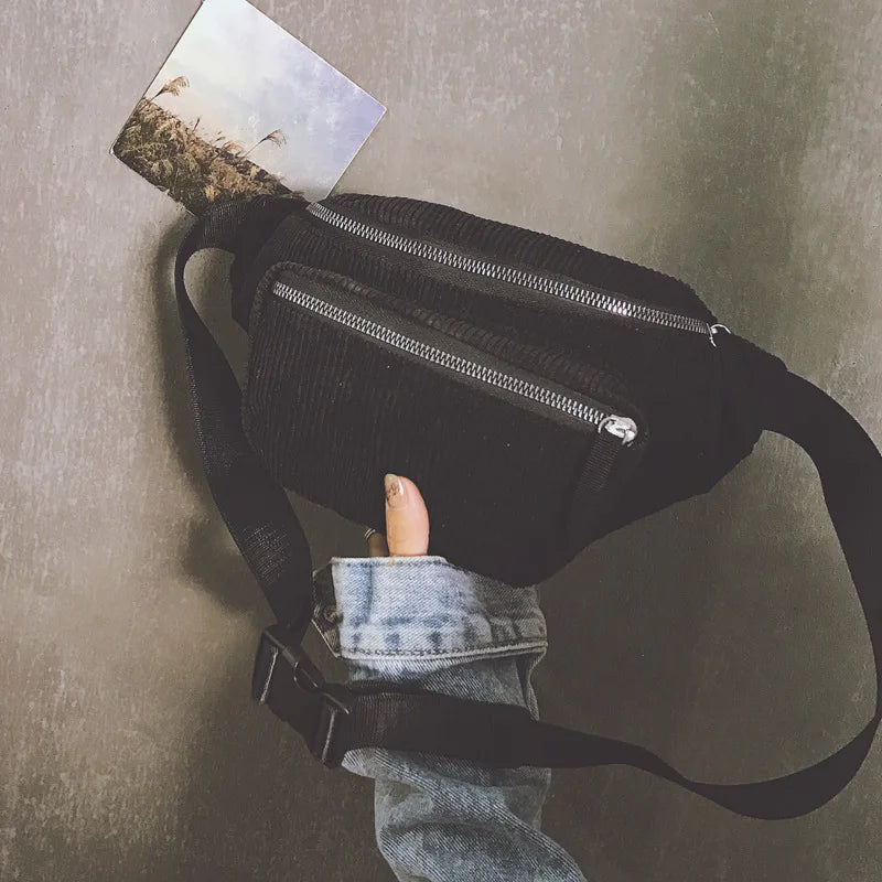 Women Waist Bag Corduroy Canvas Fanny Pack Brown Money Phone Chest