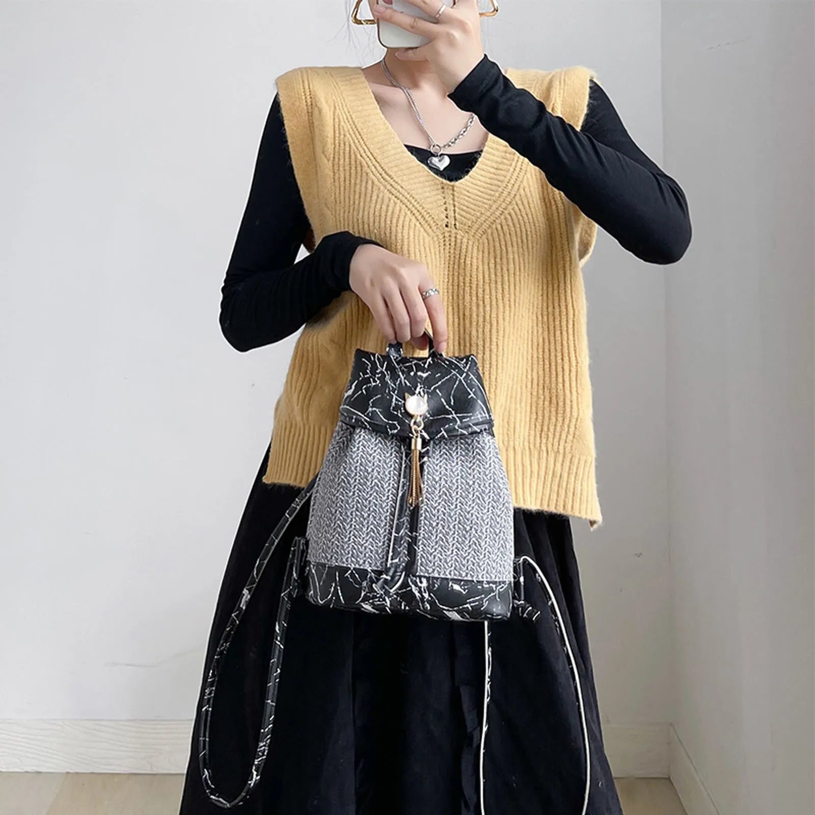 Women Stone Pattern Tassel Backpack Anti-theft Weave Small Bag
