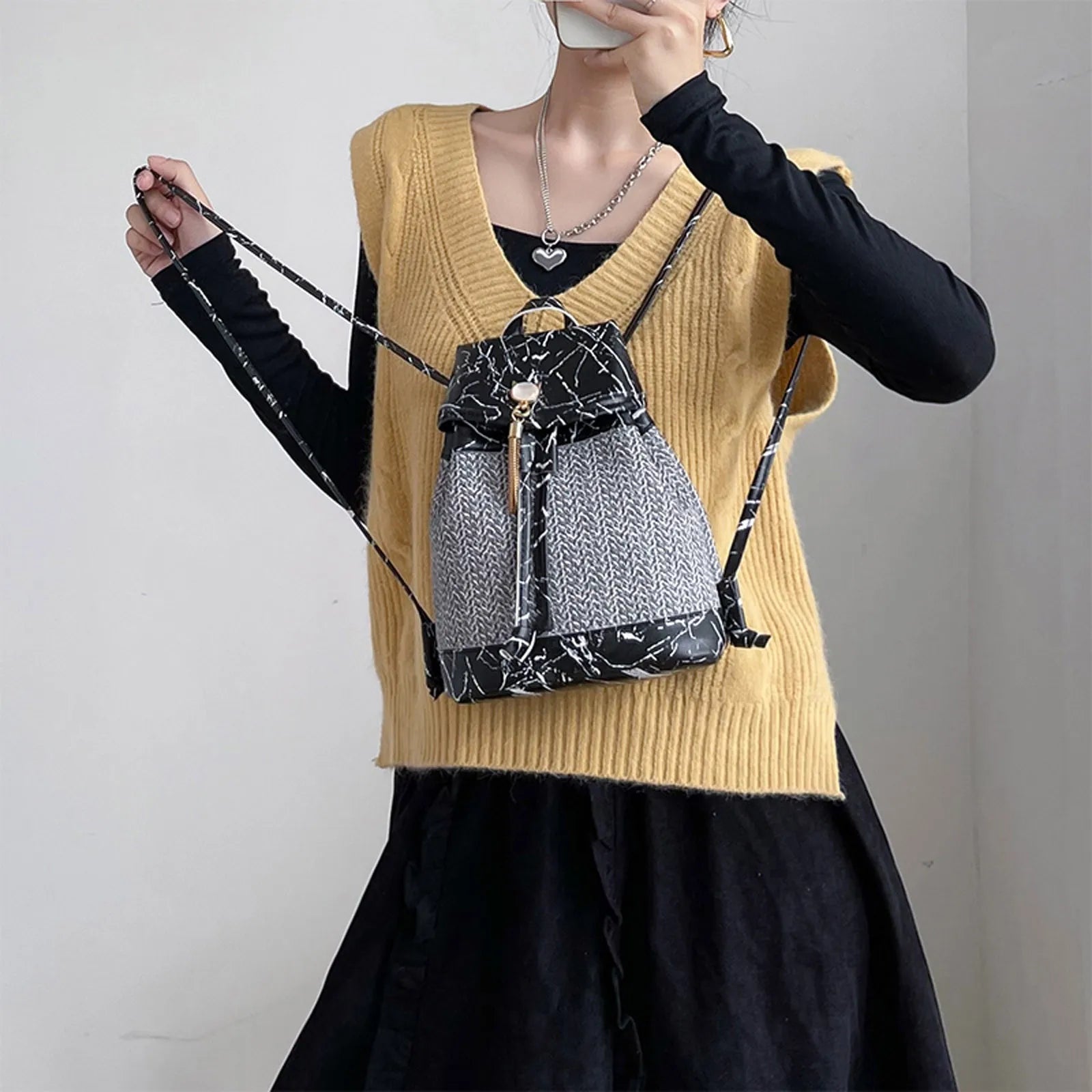 Women Stone Pattern Tassel Backpack Anti-theft Weave Small Bag