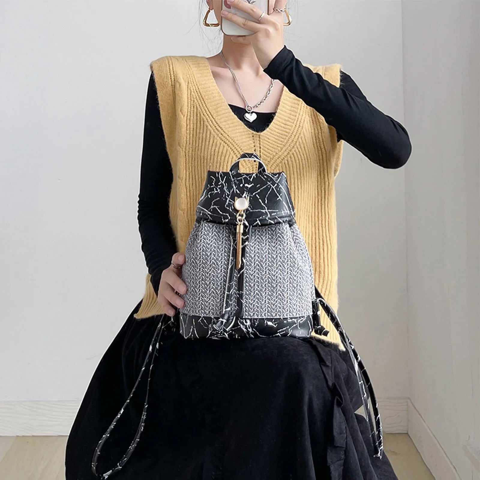 Women Stone Pattern Tassel Backpack Anti-theft Weave Small Bag