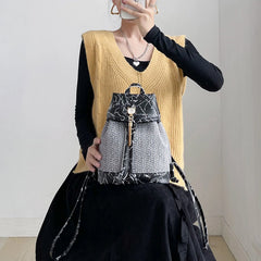 Women Stone Pattern Tassel Backpack Anti-theft Weave Small Bag