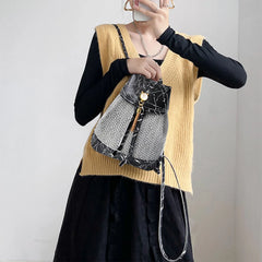 Women Stone Pattern Tassel Backpack Anti-theft Weave Small Bag