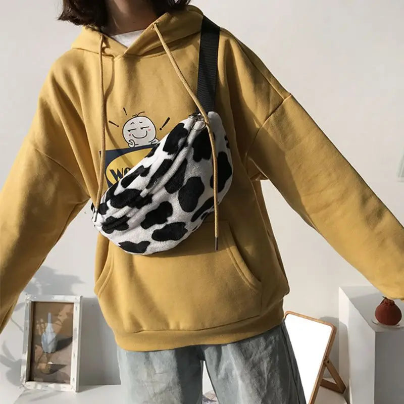 Women Cow Print Plush Waist Fanny Pack Travel Bag LX9F