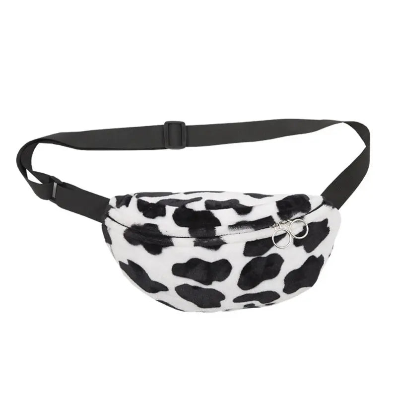 Women Cow Print Plush Waist Fanny Pack Travel Bag LX9F