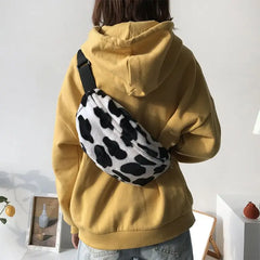 Women Cow Print Plush Waist Fanny Pack Travel Bag LX9F