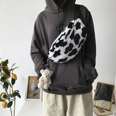 Women Cow Print Plush Waist Fanny Pack Travel Bag LX9F
