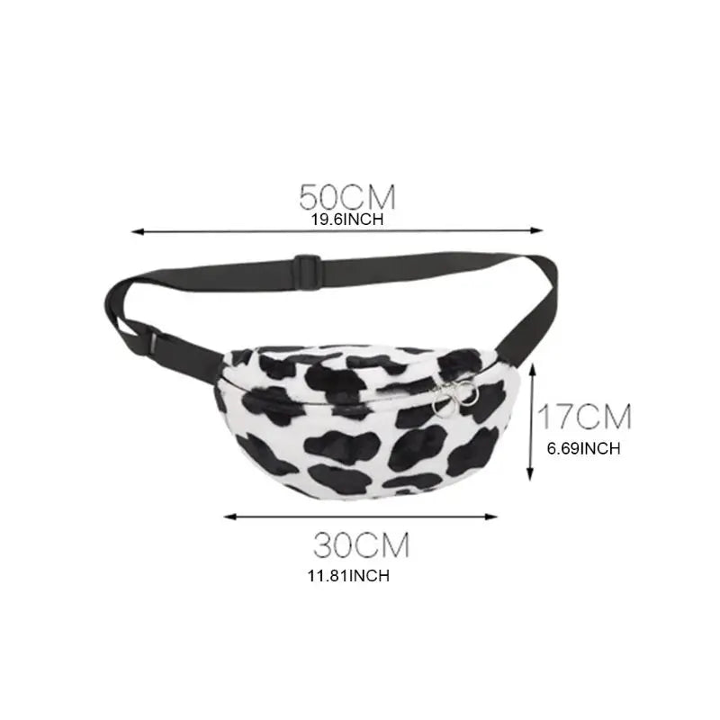 Women Cow Print Plush Waist Fanny Pack Travel Bag LX9F