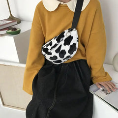 Women Cow Print Plush Waist Fanny Pack Travel Bag LX9F