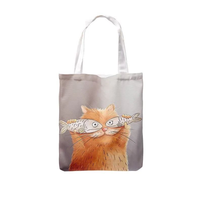 Women Creative Cat Print Tote Canvas Bag with Pocket