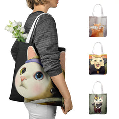 Women Creative Cat Print Tote Canvas Bag with Pocket