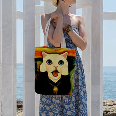 Women Creative Cat Print Tote Canvas Bag with Pocket