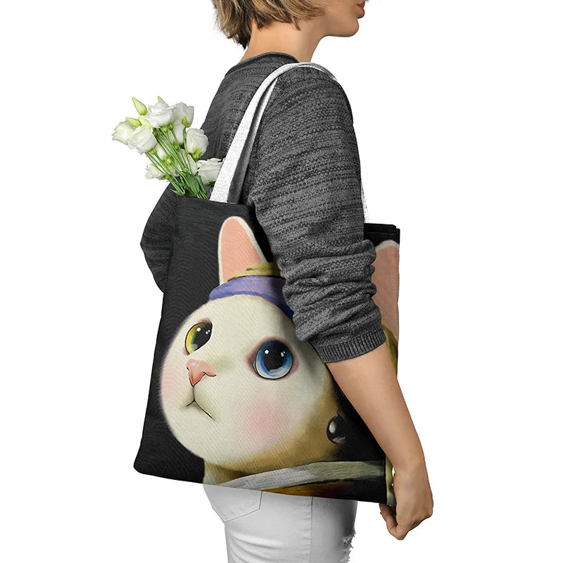 Women Creative Cat Print Tote Canvas Bag with Pocket