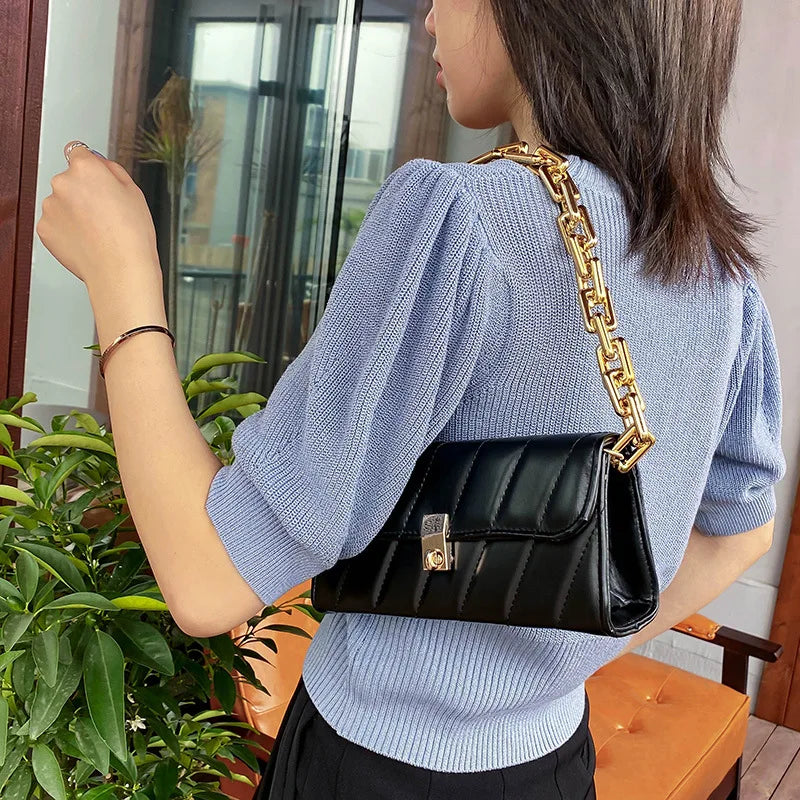 Weave Flap Crossbody Bag with Chain Shoulder Messenger - Women Handbag