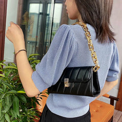 Weave Flap Crossbody Bag with Chain Shoulder Messenger - Women Handbag