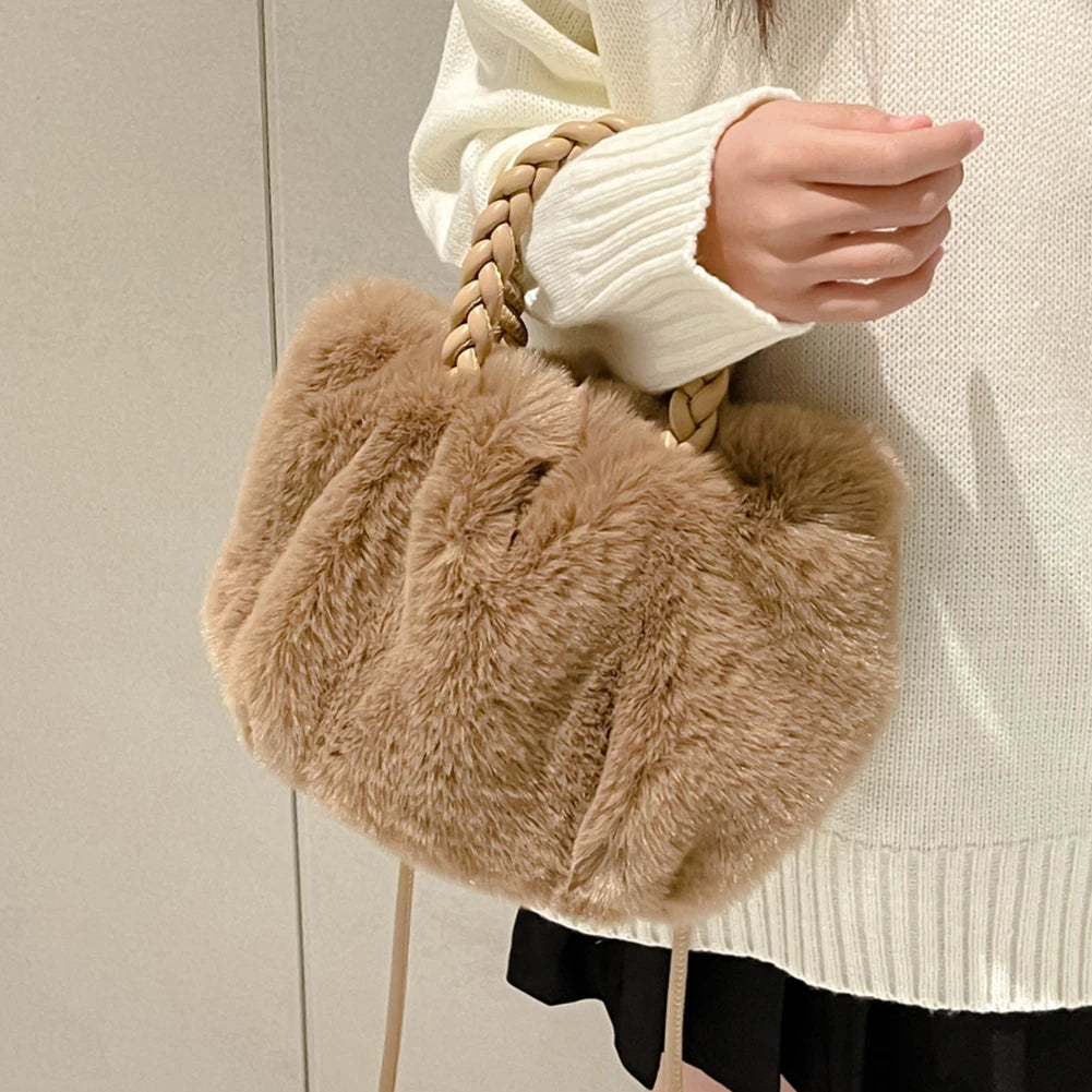 Plush Crossbody Handbag Soft Solid Shopper Travel Office Lady