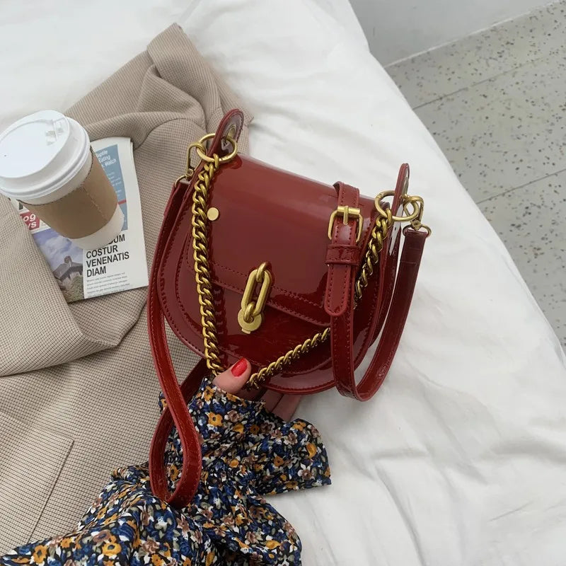 Casual Saddle Bag Metal Chain Handbag Bright Patent Leather