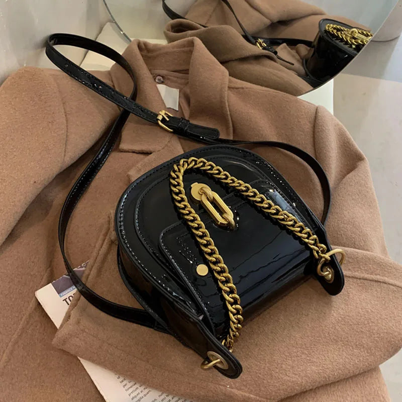 Casual Saddle Bag Metal Chain Handbag Bright Patent Leather