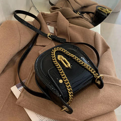 Casual Saddle Bag Metal Chain Handbag Bright Patent Leather
