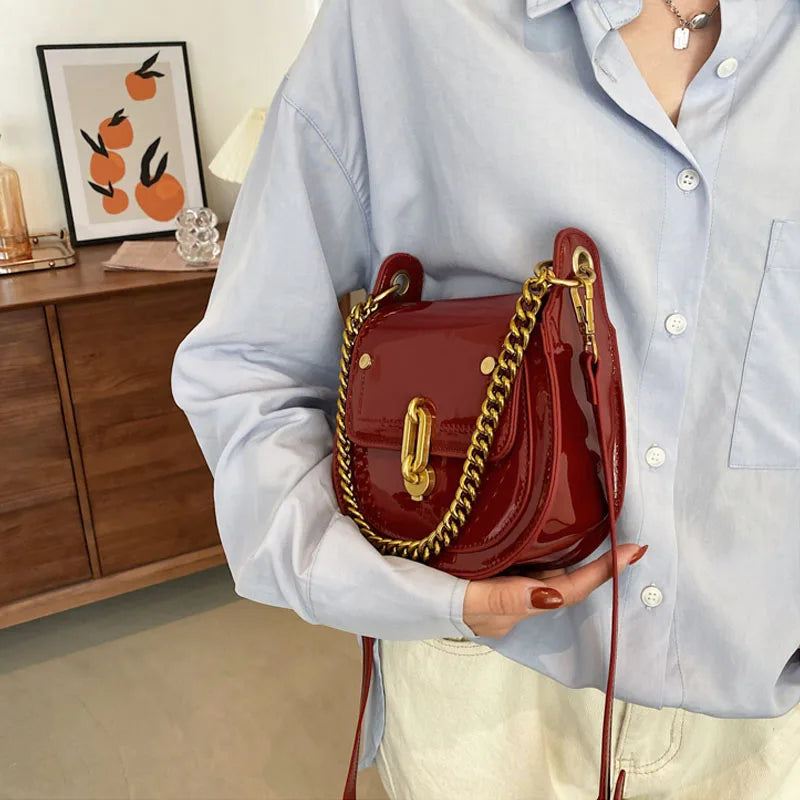 Casual Saddle Bag Metal Chain Handbag Bright Patent Leather