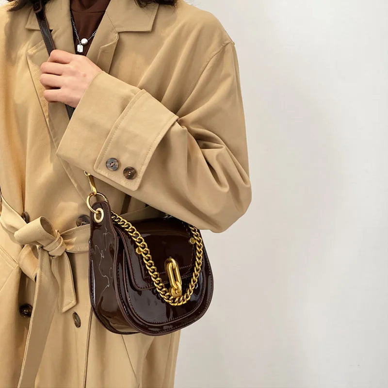 Casual Saddle Bag Metal Chain Handbag Bright Patent Leather