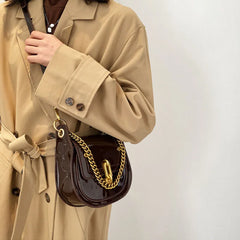 Casual Saddle Bag Metal Chain Handbag Bright Patent Leather