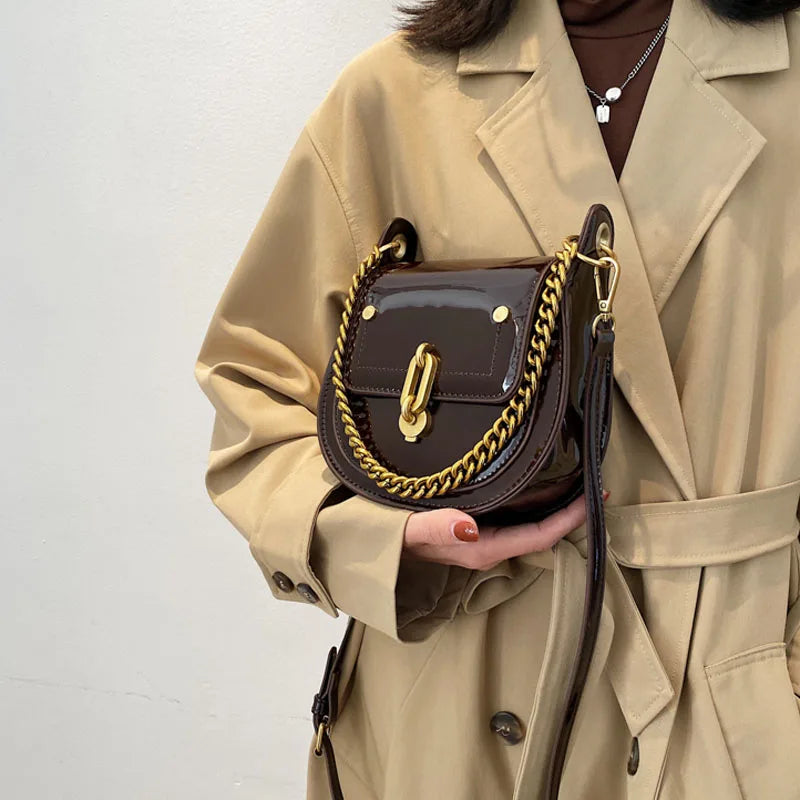 Casual Saddle Bag Metal Chain Handbag Bright Patent Leather